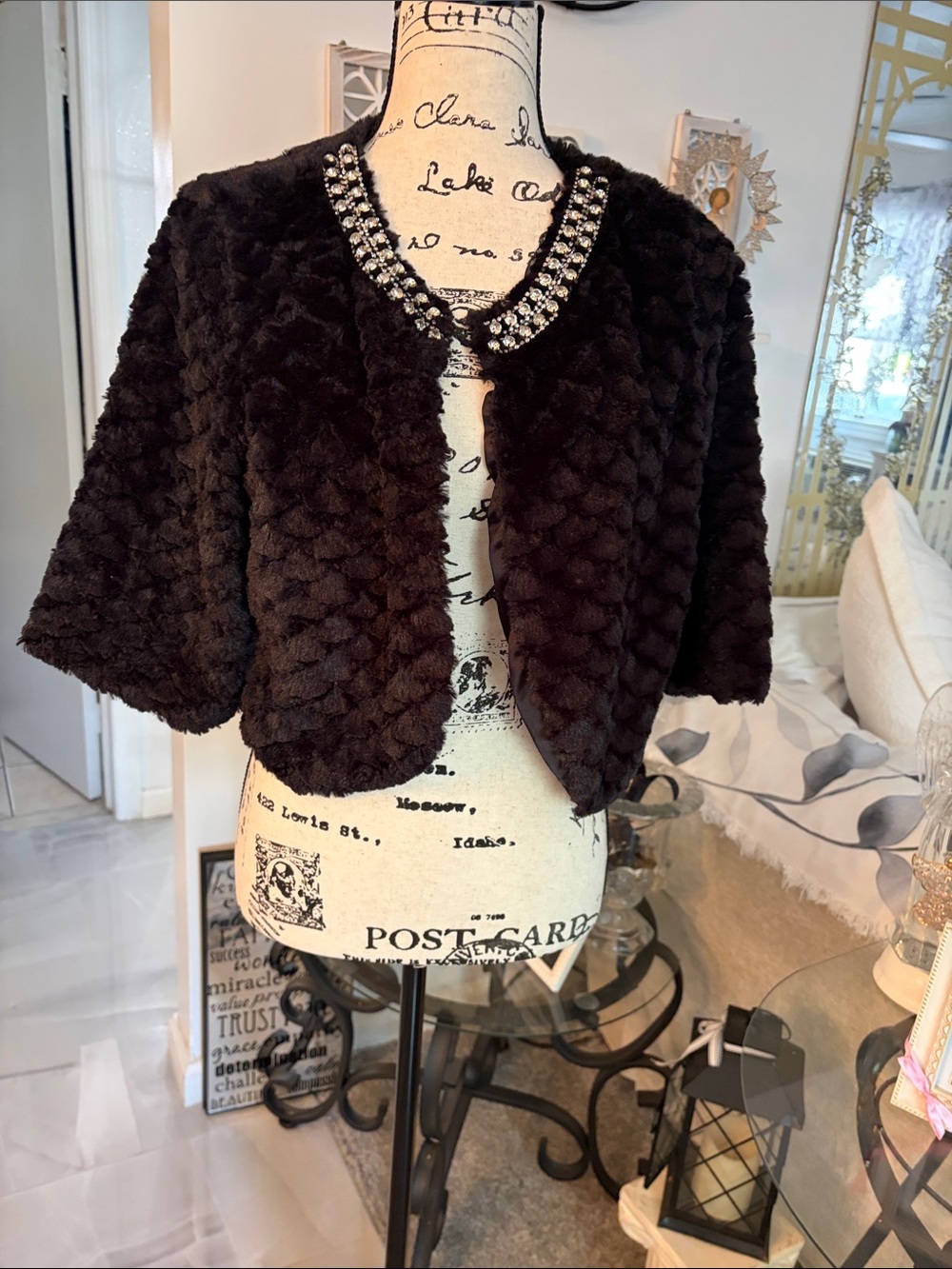 Haani Black Faux Fur Cropped Jacket with Jeweled Collar